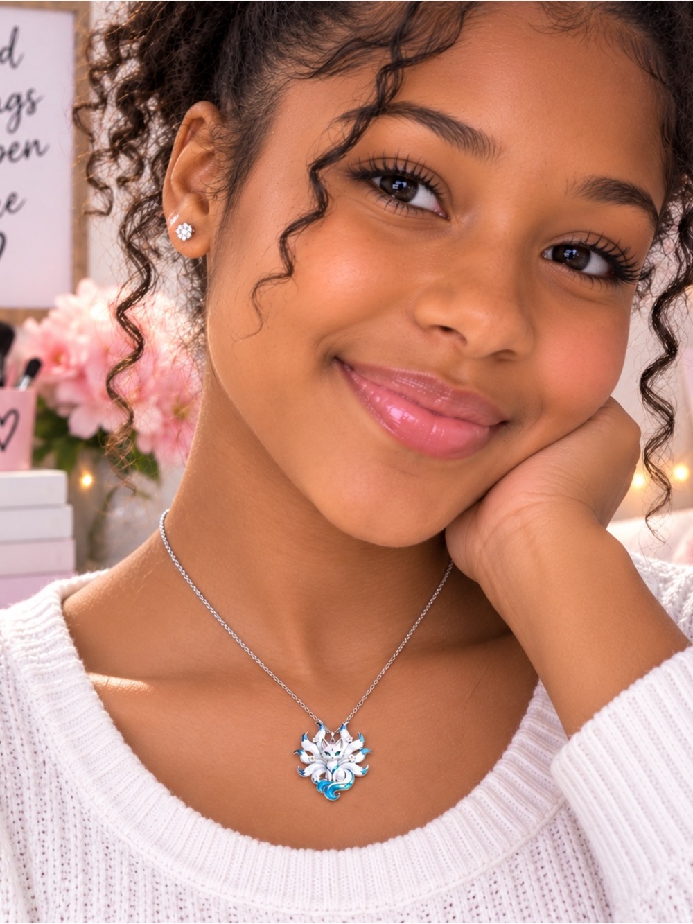 Silver Floral Blue Enamel Pendant Necklace - Women Jewelry